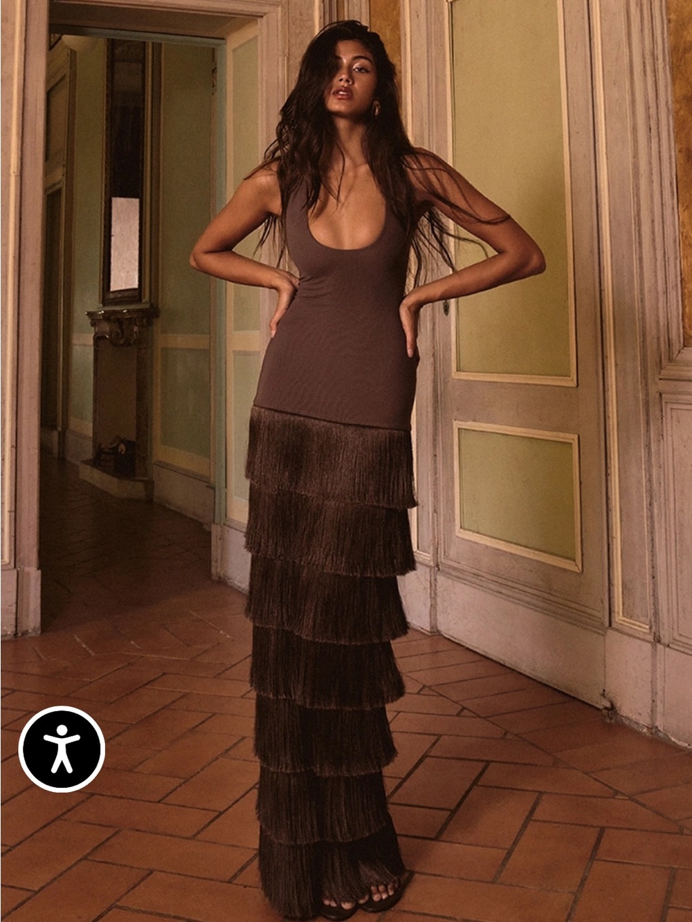 Pretty Little Thing DARK CHOCOLATE MESH FRINGE SKIRT MAXI DRESS